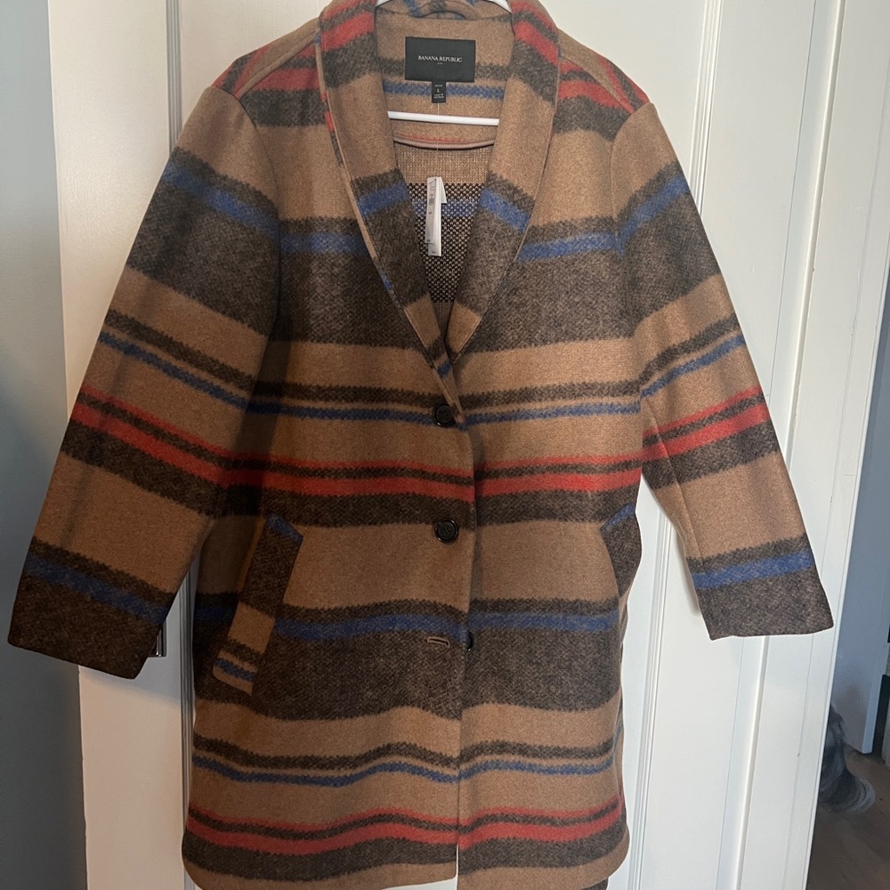 Banana Republic Factory Striped Pea Coat in Tan and Blue